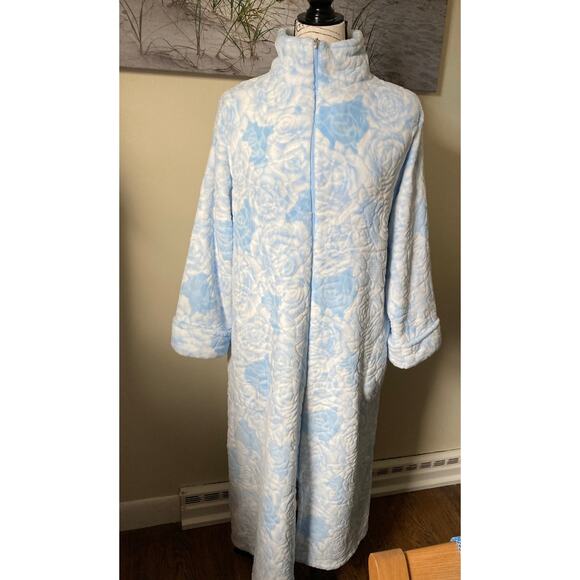 Miss Elaine French Fleece Long Zip Up Robe with roses, size large - Picture 1 of 8